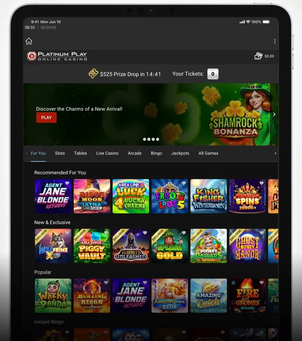 Platinum Play lobby on a tablet with slot, table and live casino tabs